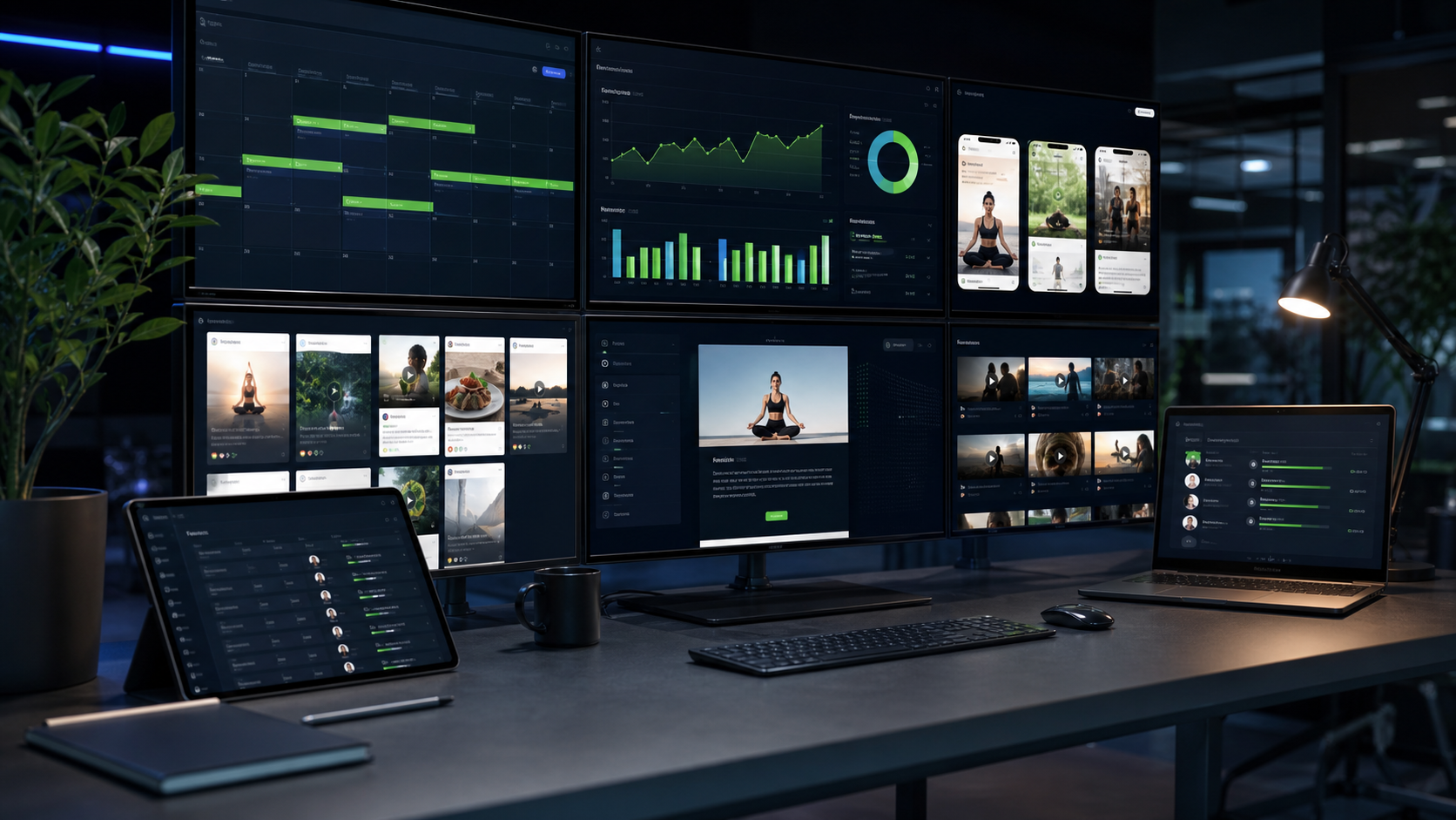 AI marketing command desk showing campaign calendars, social ads, video storyboards, and lead tracking dashboards