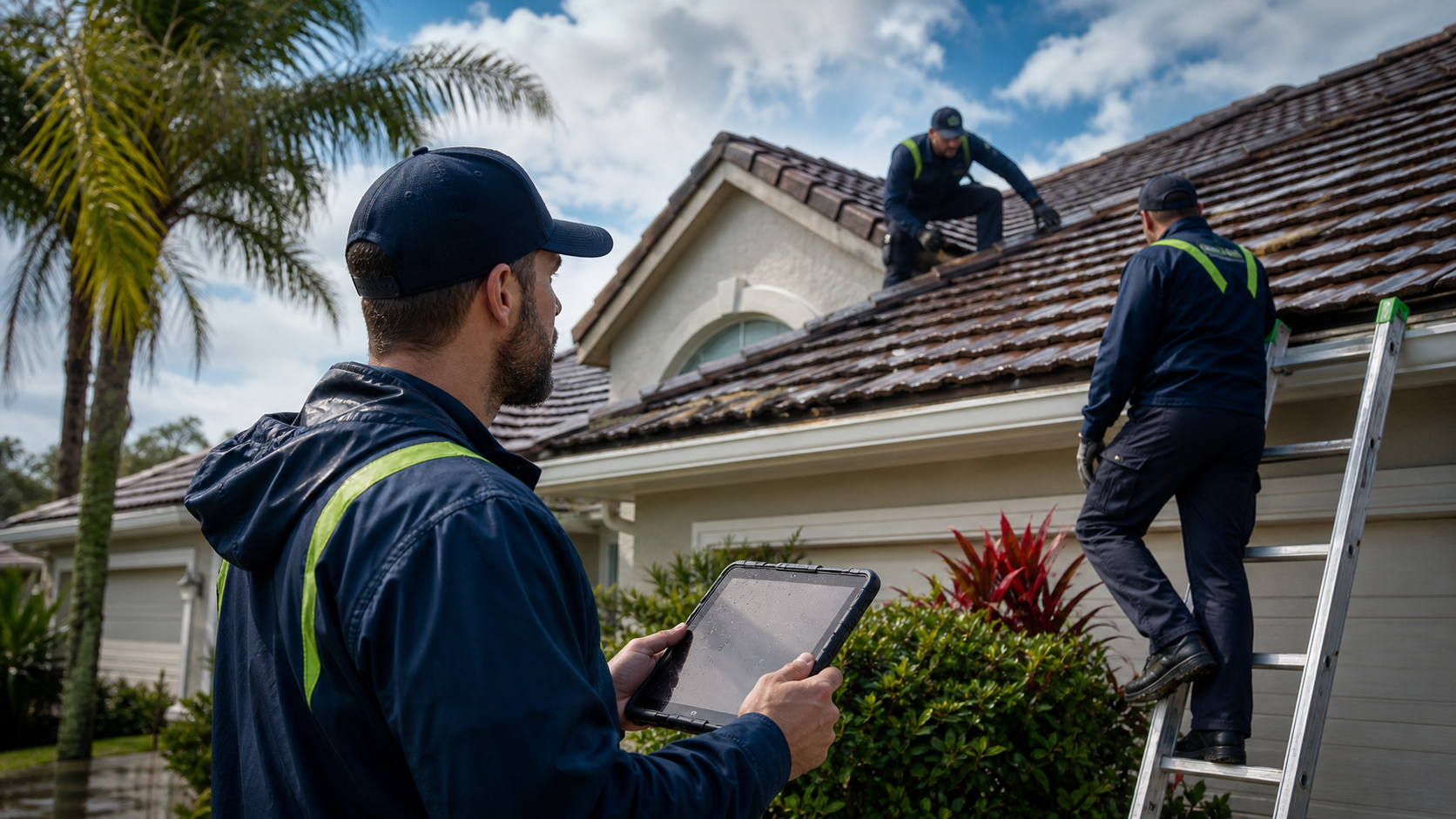 Florida roofing crew inspecting a roof after a storm