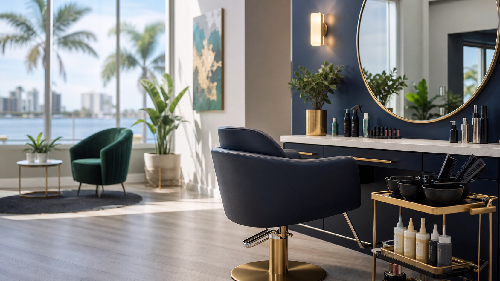 Premium salon chair and color station for a Luxe Blend Salon campaign